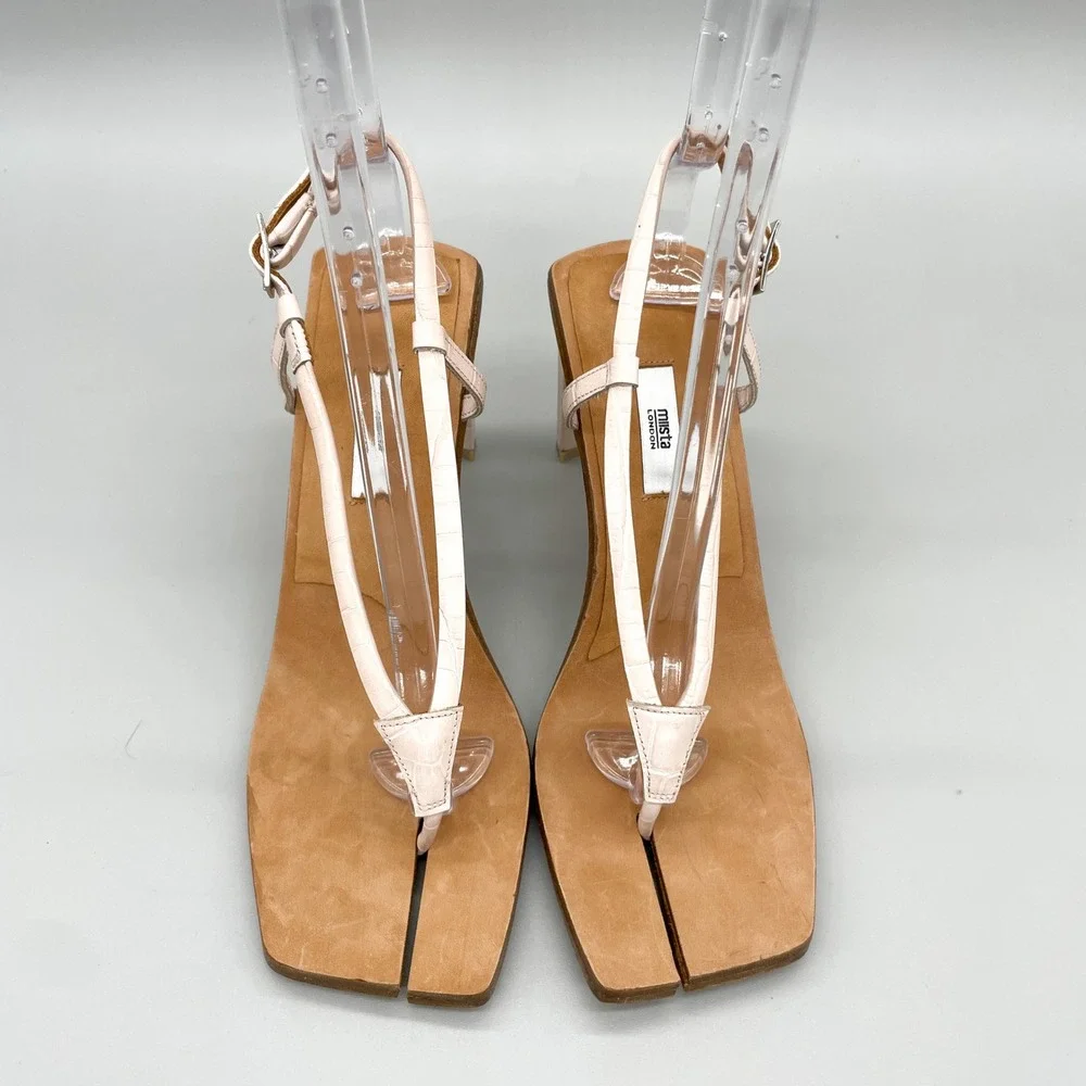 Miista London Womens 40 9.5 Ailsa Split Toe Sandals Pink Croc Leather Thong Heel